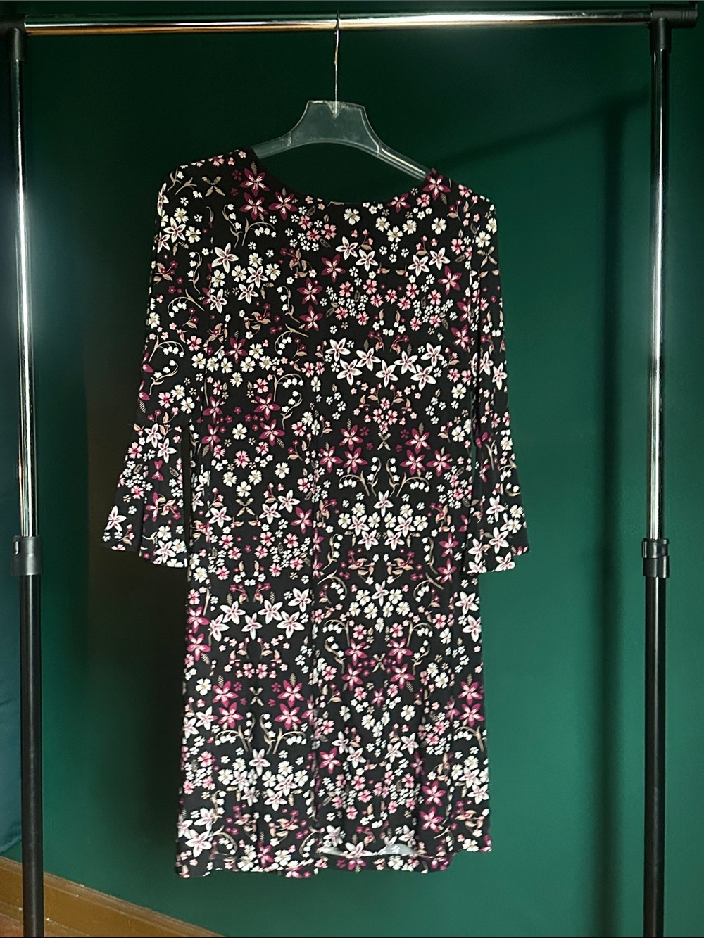 Tommy Hilfiger Black Floral Long-Sleeve Midi Dress with Pink & White Flowers